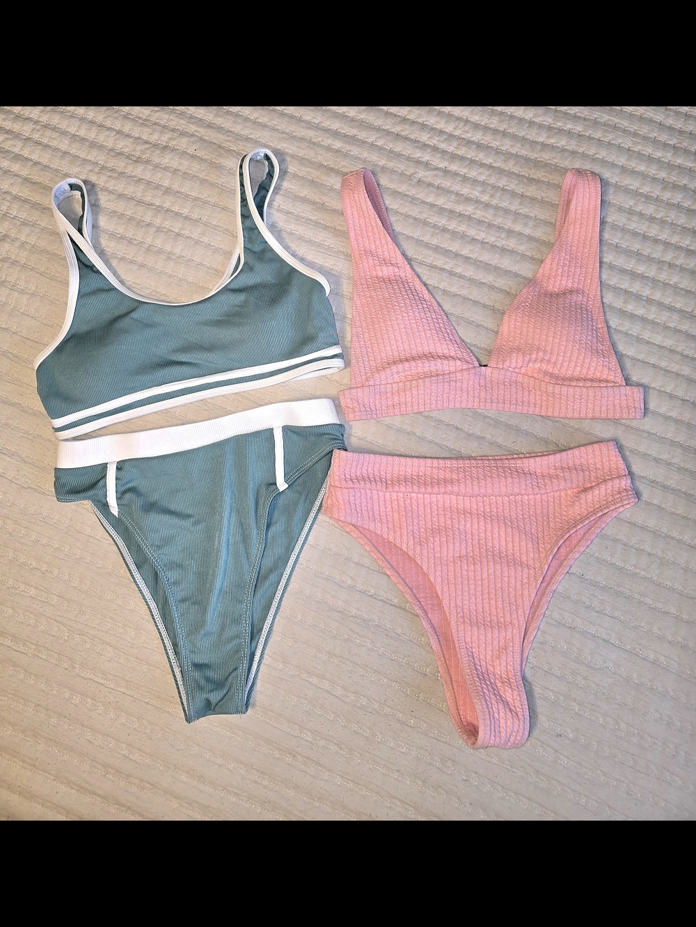 SHEIN Bundle~2 Pink Ribbed Triangle Bikini & Green Sporty Two-Piece Set